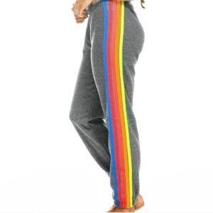 Aviator Nation 5 Stripe Womens Sweatpant in Heather Grey/Neon Rainbow sz Large
